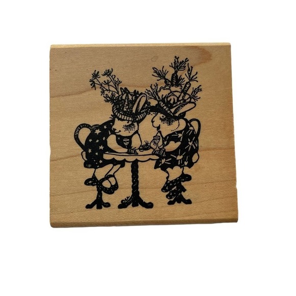 Vintage Wood Block Rubber Stamp Hamilton Arts Bunny Rabbit Lady Gossip Tea Dress - Picture 1 of 6